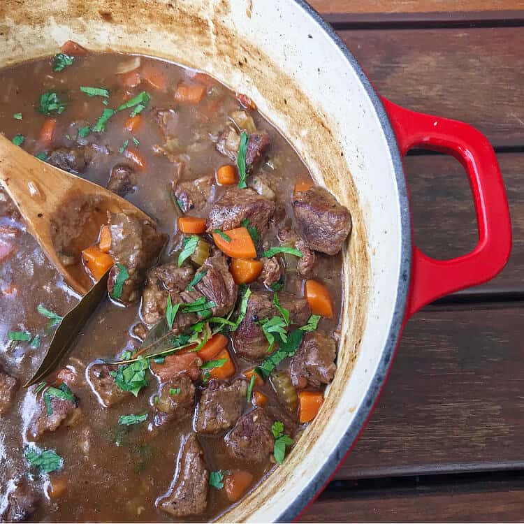 Beef & Guinness stew in red pot