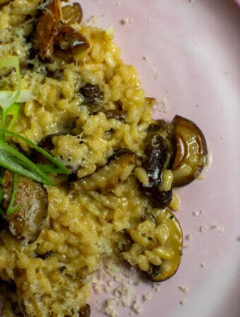 wild mushroom risotto on a pink plate