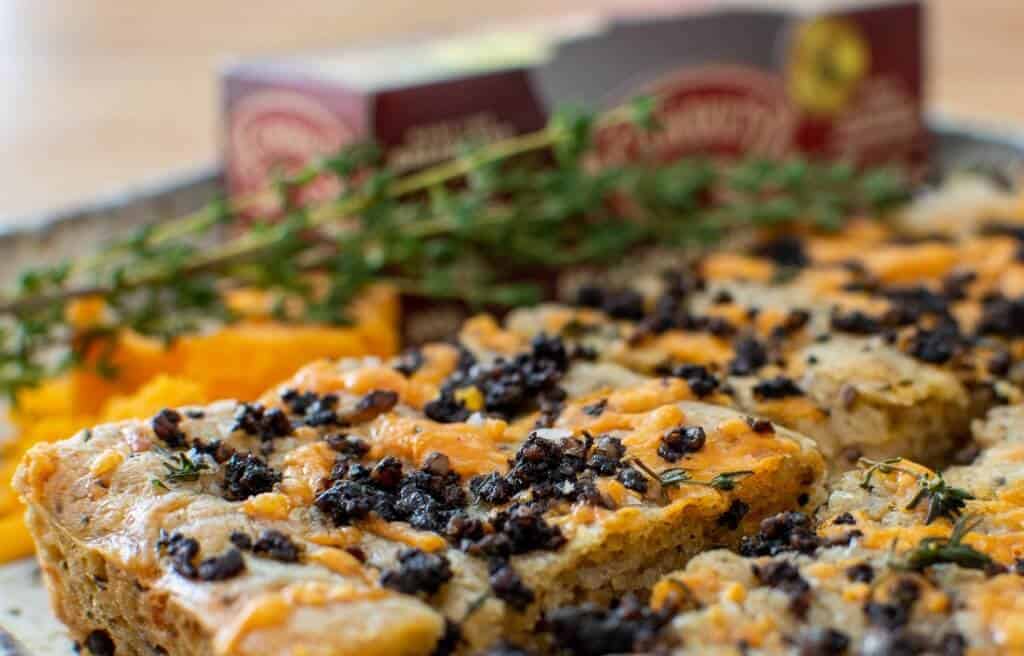 Black Pudding Focaccia, thyme & clonakilty pudding box