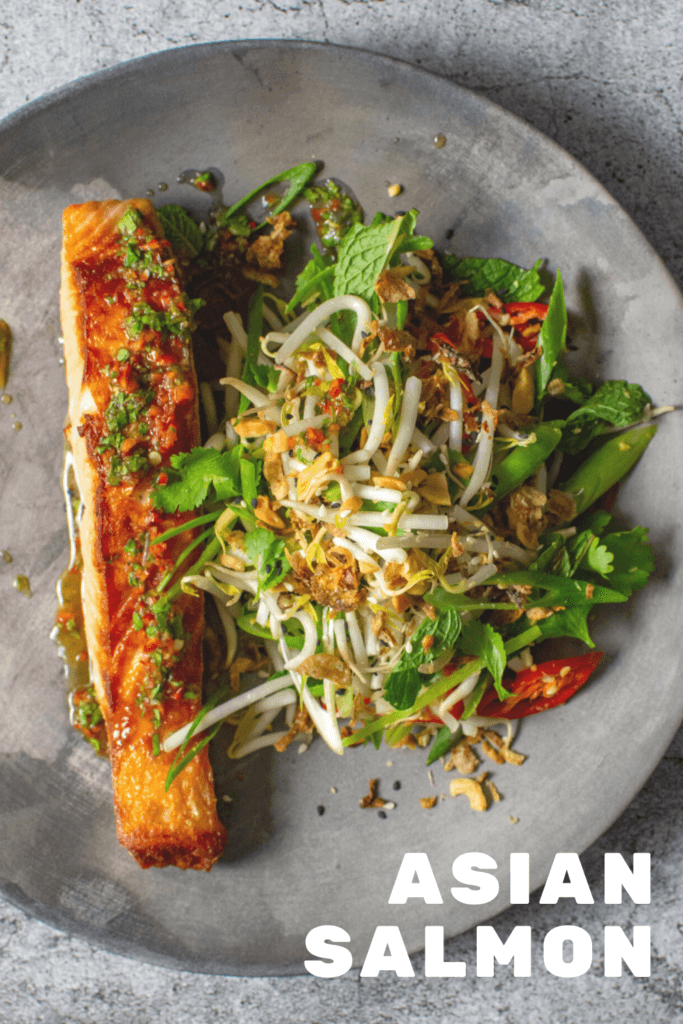 crispy salmon fillet, nam prik dressing & beansrout salad