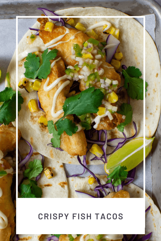 birdseye view of crispy fish tacos on a tray