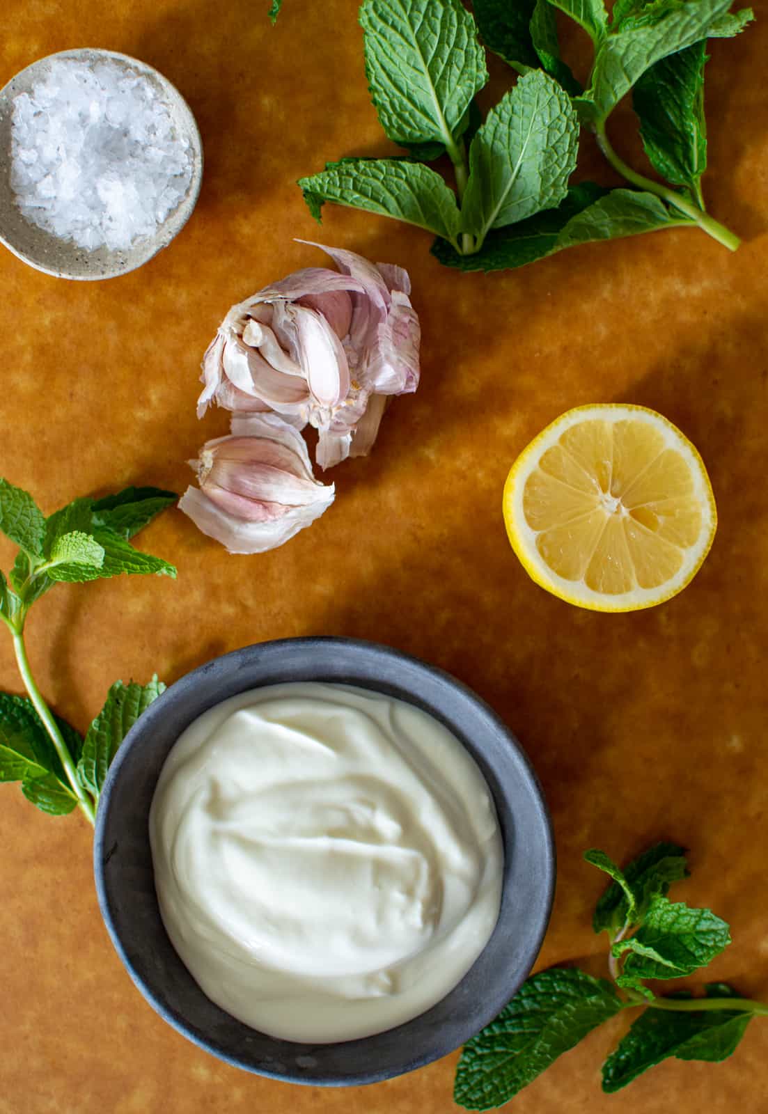 tzatziki ingrediens on a chopping board 