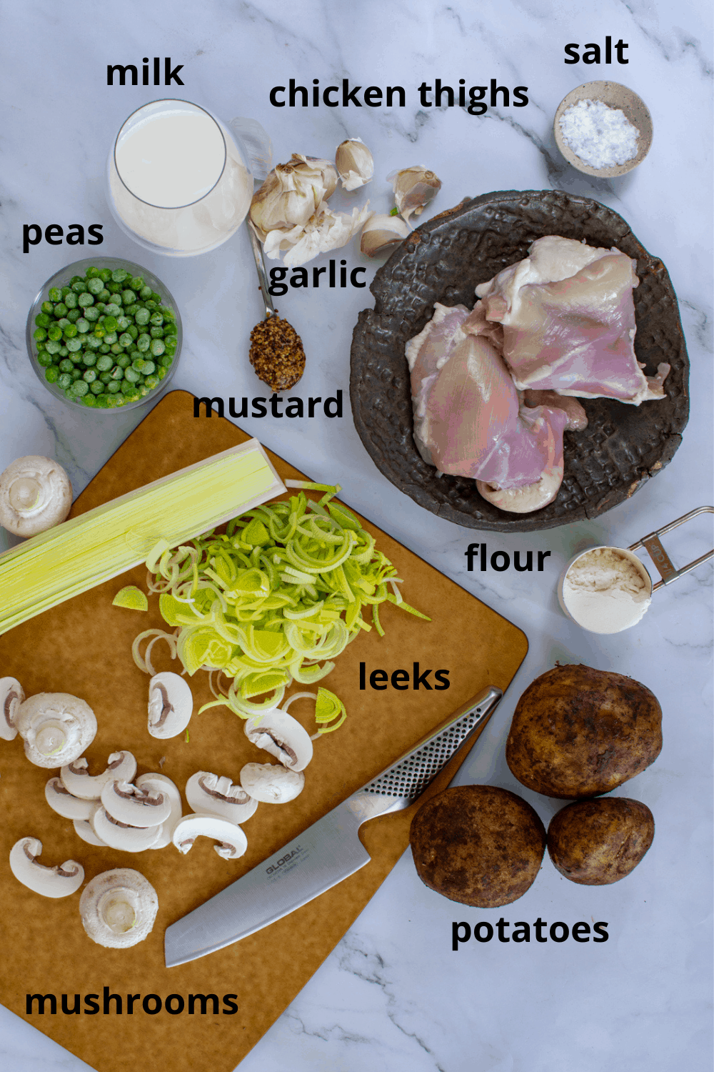 Ingredients for chicken and mushroom pie 