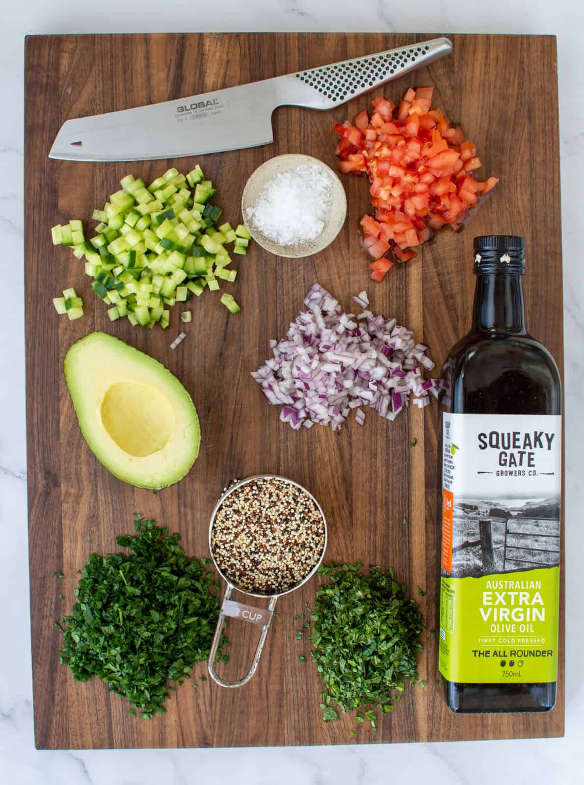 tabbouleh ingredients on chopping board 
