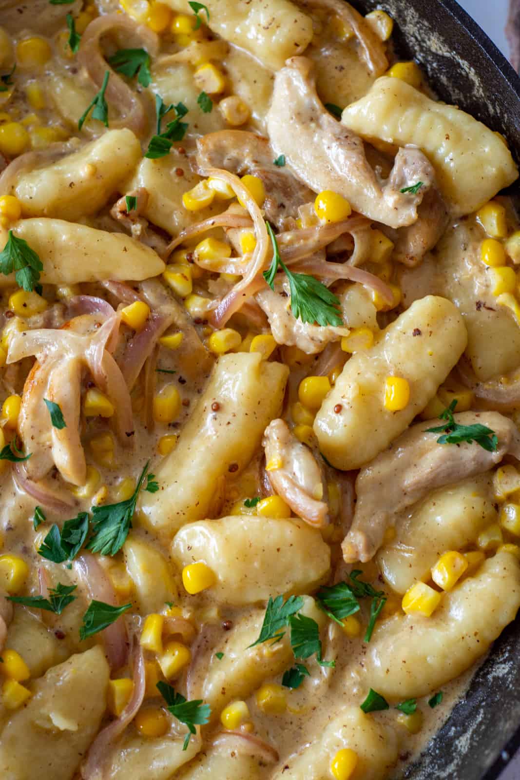Close up of creamy chicken & corn gnocchi 