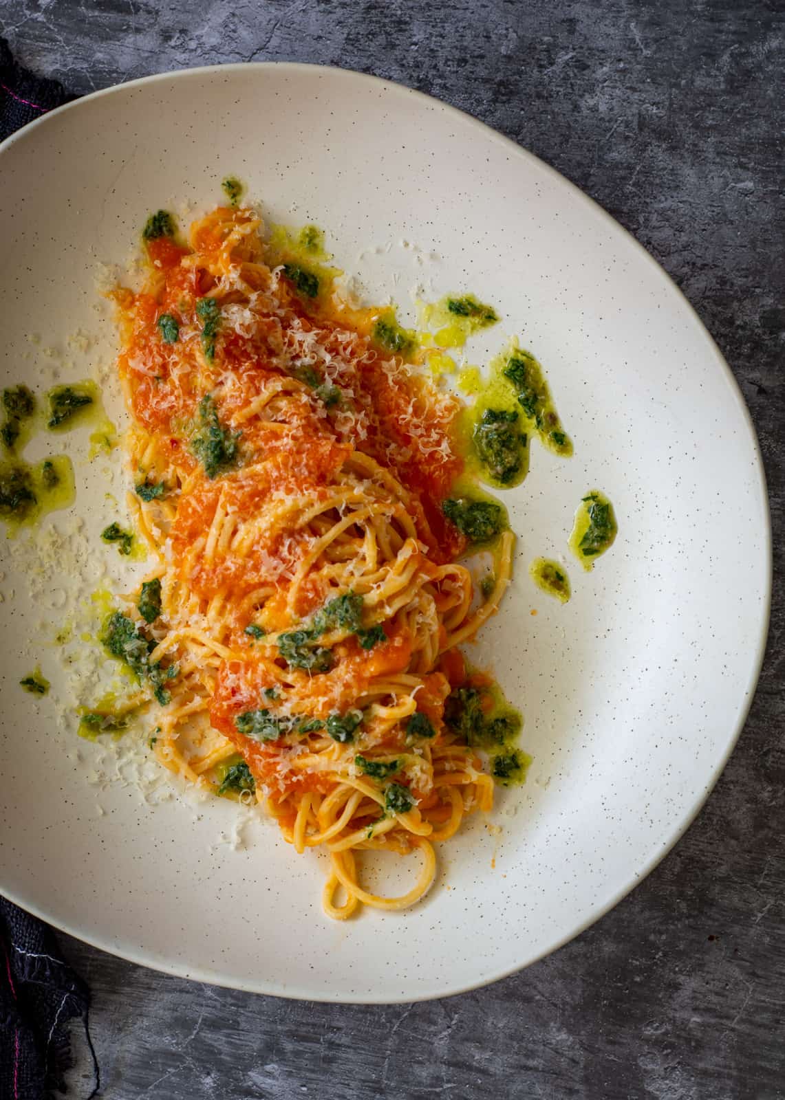 birdseye view of plate of spaghetti with smoked tomato sauce